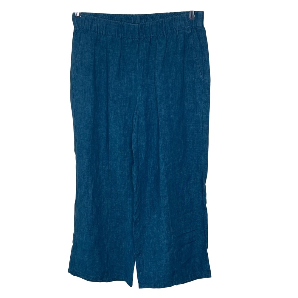 Eileen Fisher Wide Leg Cropped‎ Pants Teal Linen Blend Elastic Waist Women PS